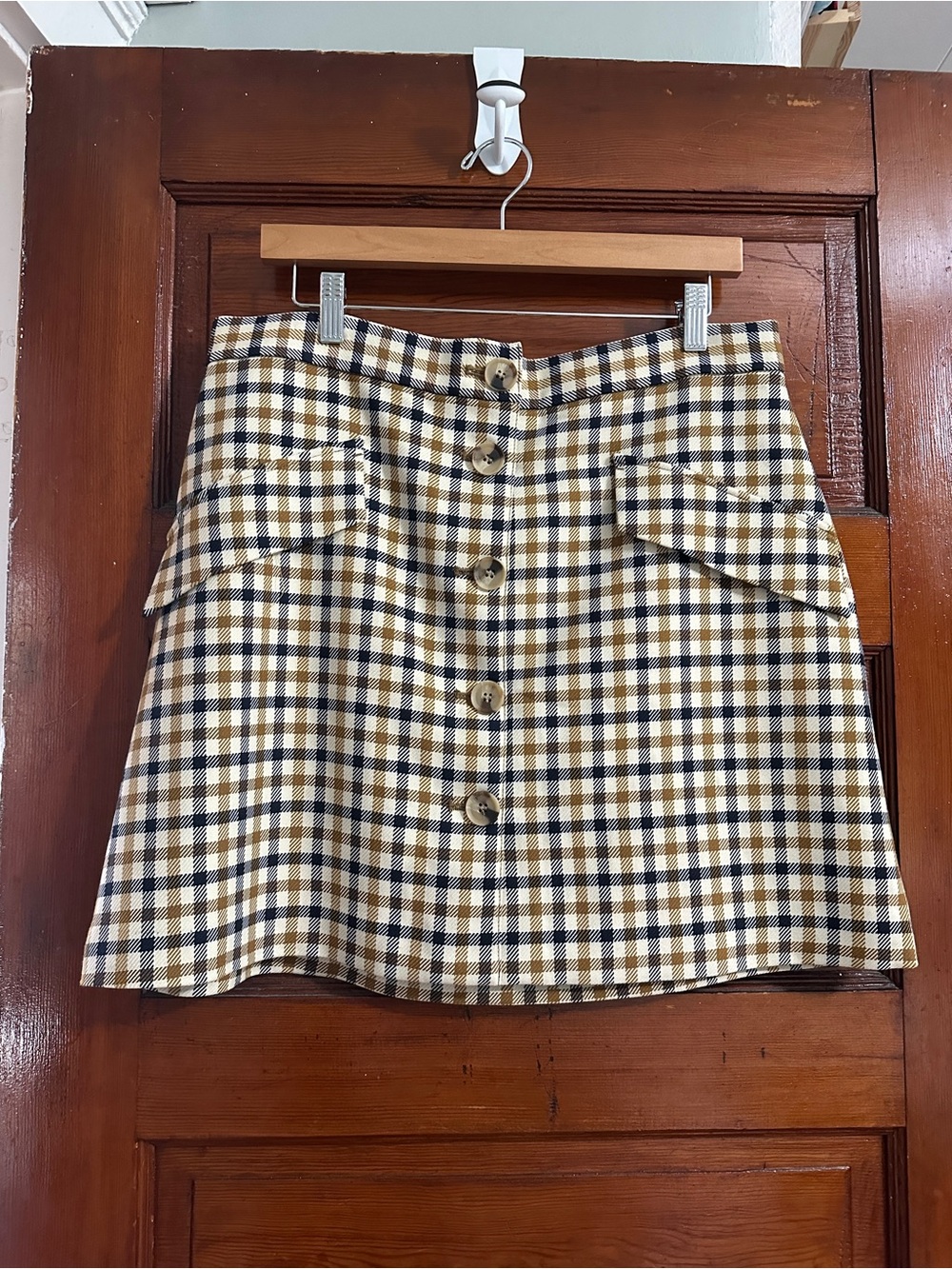 H&M Retro ModCloth Checked Button-Front Mini Skirt in Mustard, Navy & White